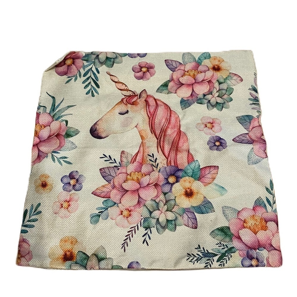 Floral Unicorn Print Square Throw Pillow Cover NEW Pink Cream Tan